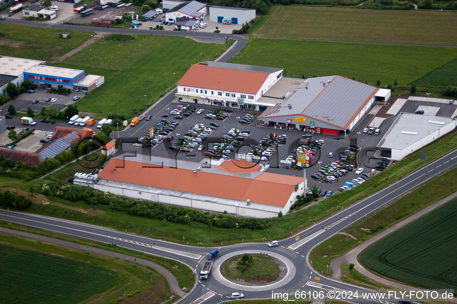 Aerial photograpy of Industrial estate and company settlement in Werneck in the state Bavaria, Germany