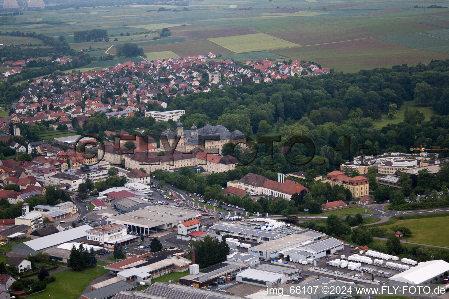 Oblique view of Industrial estate and company settlement in Werneck in the state Bavaria, Germany