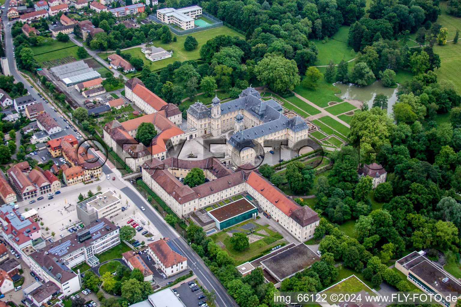 Aerial view of Building complex in the park of the castle Werneck in Werneck in the state Bavaria, Germany