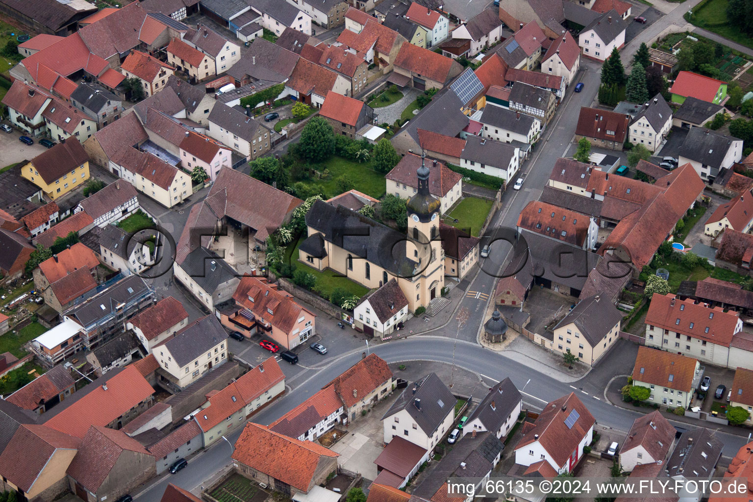 Aerial view of Church building in the village of in Werneck in the state Bavaria