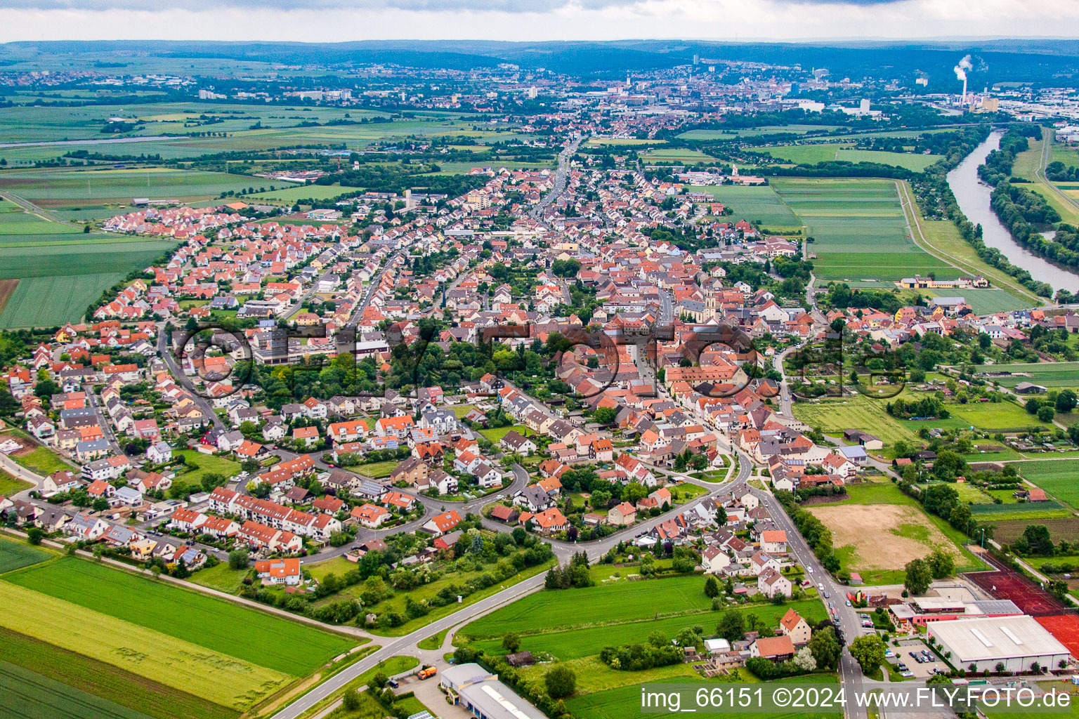 Village on the river bank areas of the Main river in Bergrheinfeld in the state Bavaria