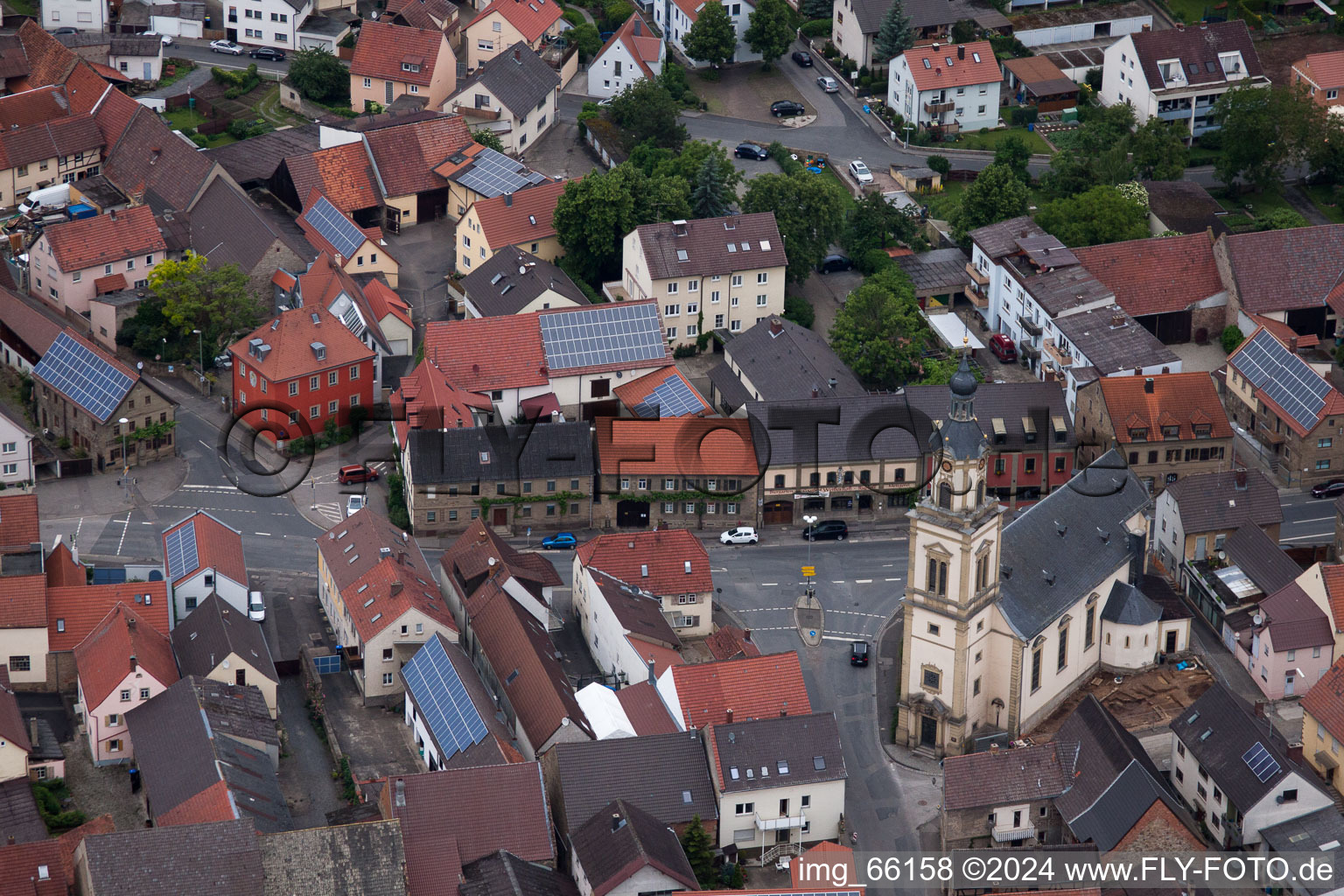 Aerial view of Mary Pain Church in Bergrheinfeld in the state Bavaria, Germany