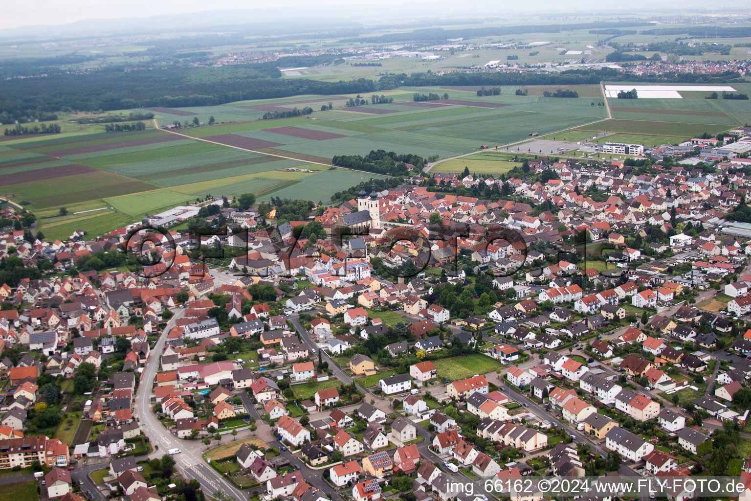 Aerial view of Town View of the streets and houses of the residential areas in Bergrheinfeld in the state Bavaria