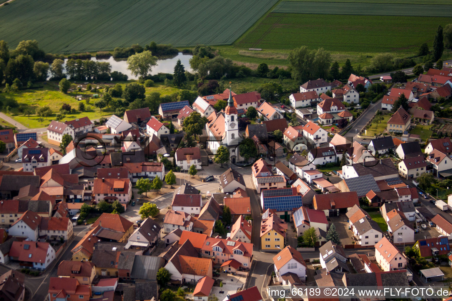 Aerial view of Village on the river bank areas of the Main river in the district Hirschfeld in Roethlein in the state Bavaria, Germany