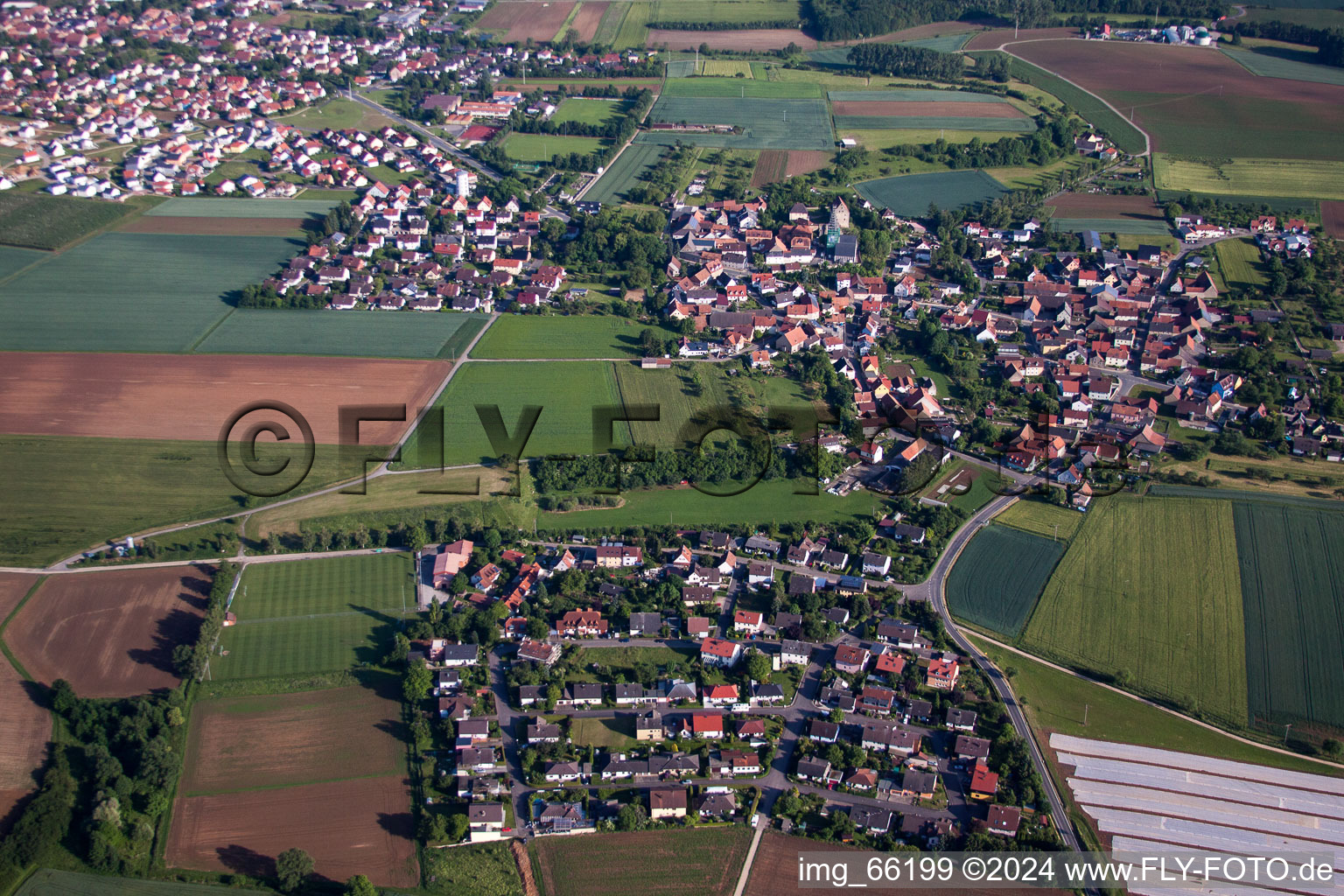 Town View of the streets and houses of the residential areas in Unterpleichfeld in the state Bavaria, Germany