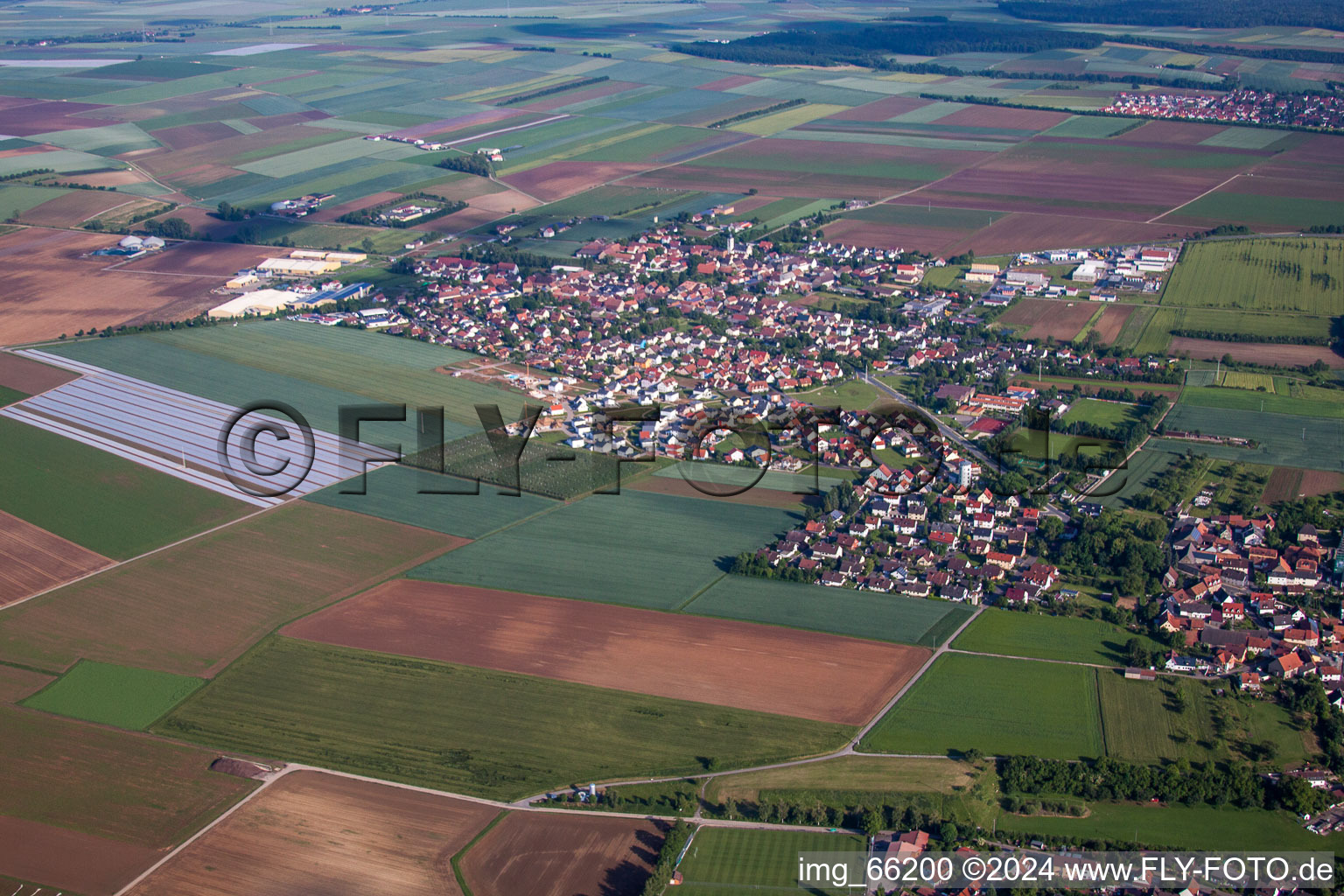 Aerial view of Town View of the streets and houses of the residential areas in Unterpleichfeld in the state Bavaria, Germany