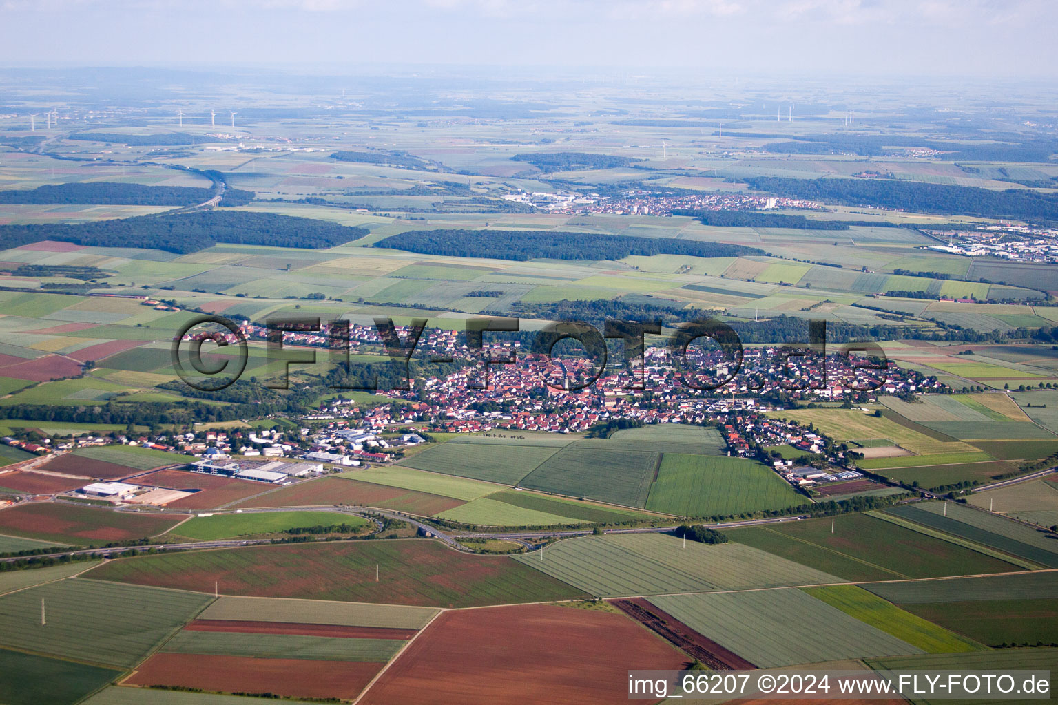 Aerial view of Town View of the streets and houses of the residential areas in Rimpar in the state Bavaria, Germany