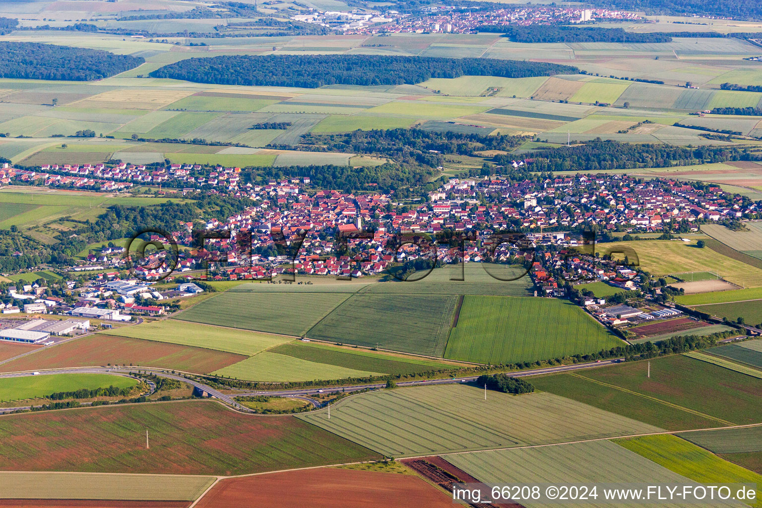 Aerial photograpy of Town View of the streets and houses of the residential areas in Rimpar in the state Bavaria, Germany