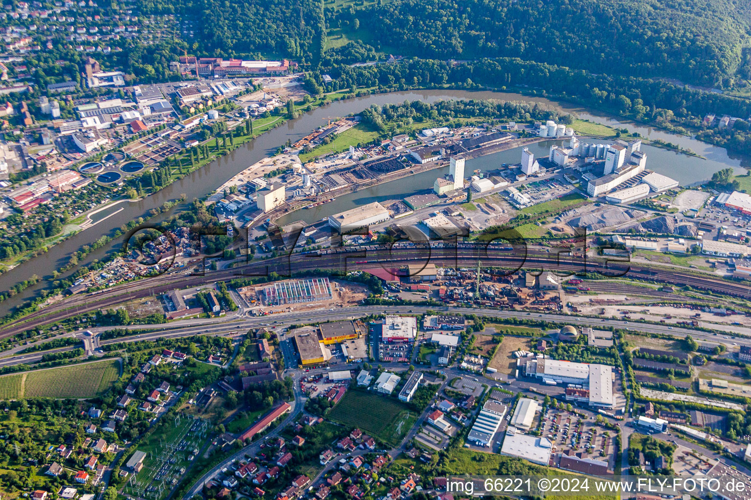 Quays and boat moorings at the port of the inland port Neuer Hafen on Main in Wuerzburg in the state Bavaria, Germany