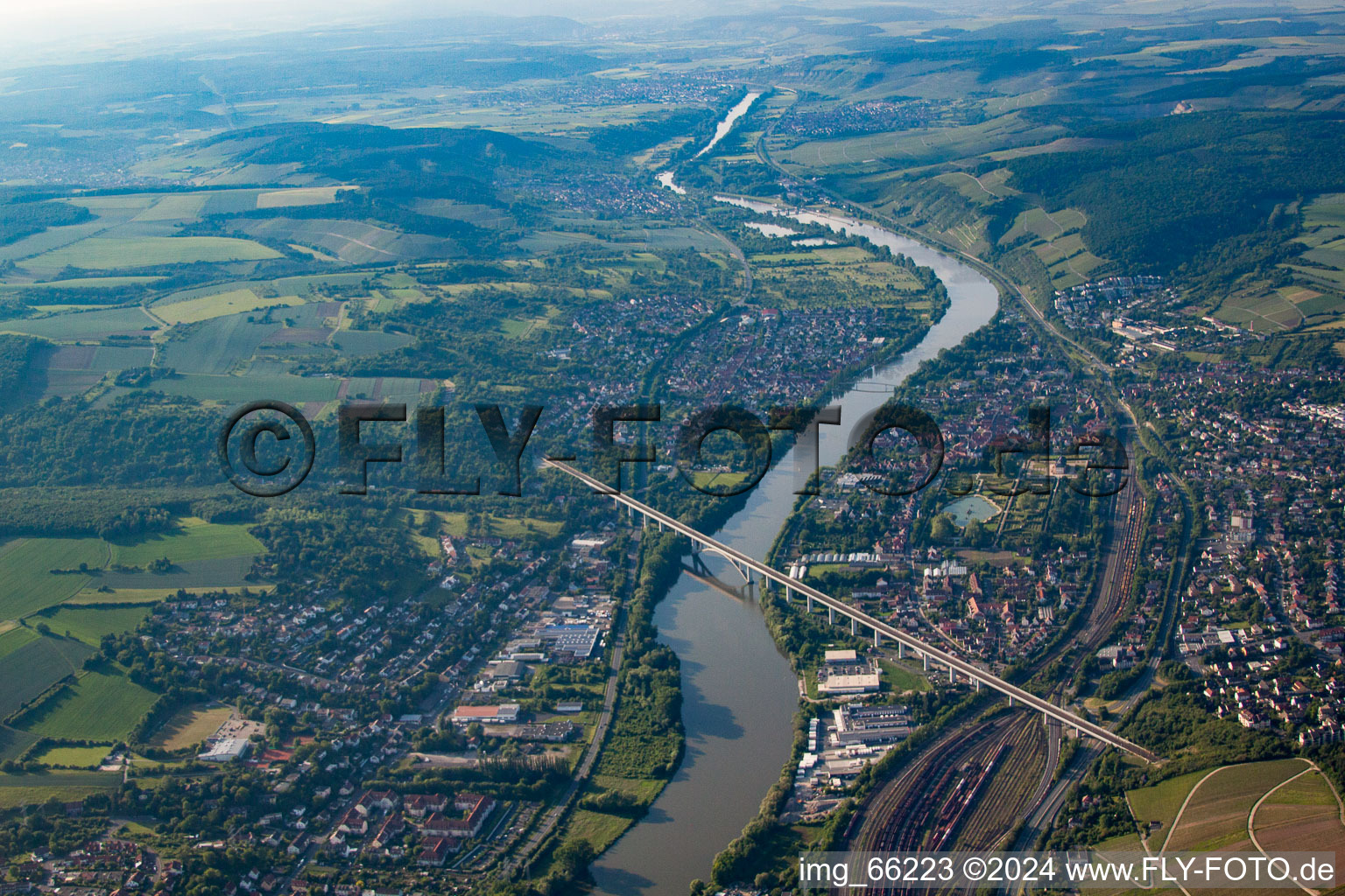 Aerial photograpy of Railway River - bridge construction crossing the Main river in Veitshoechheim in the state Bavaria, Germany