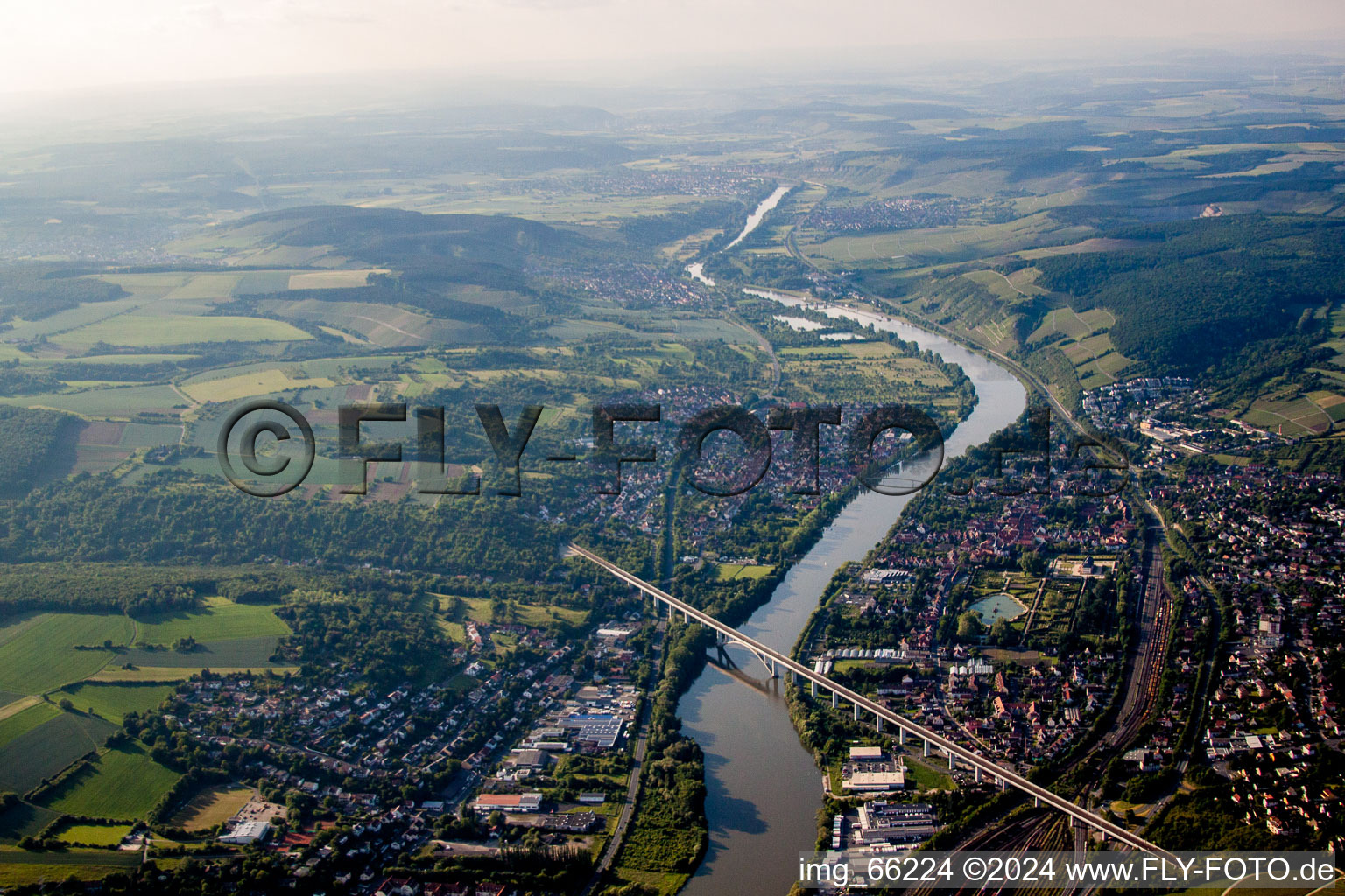 Oblique view of Railway River - bridge construction crossing the Main river in Veitshoechheim in the state Bavaria, Germany