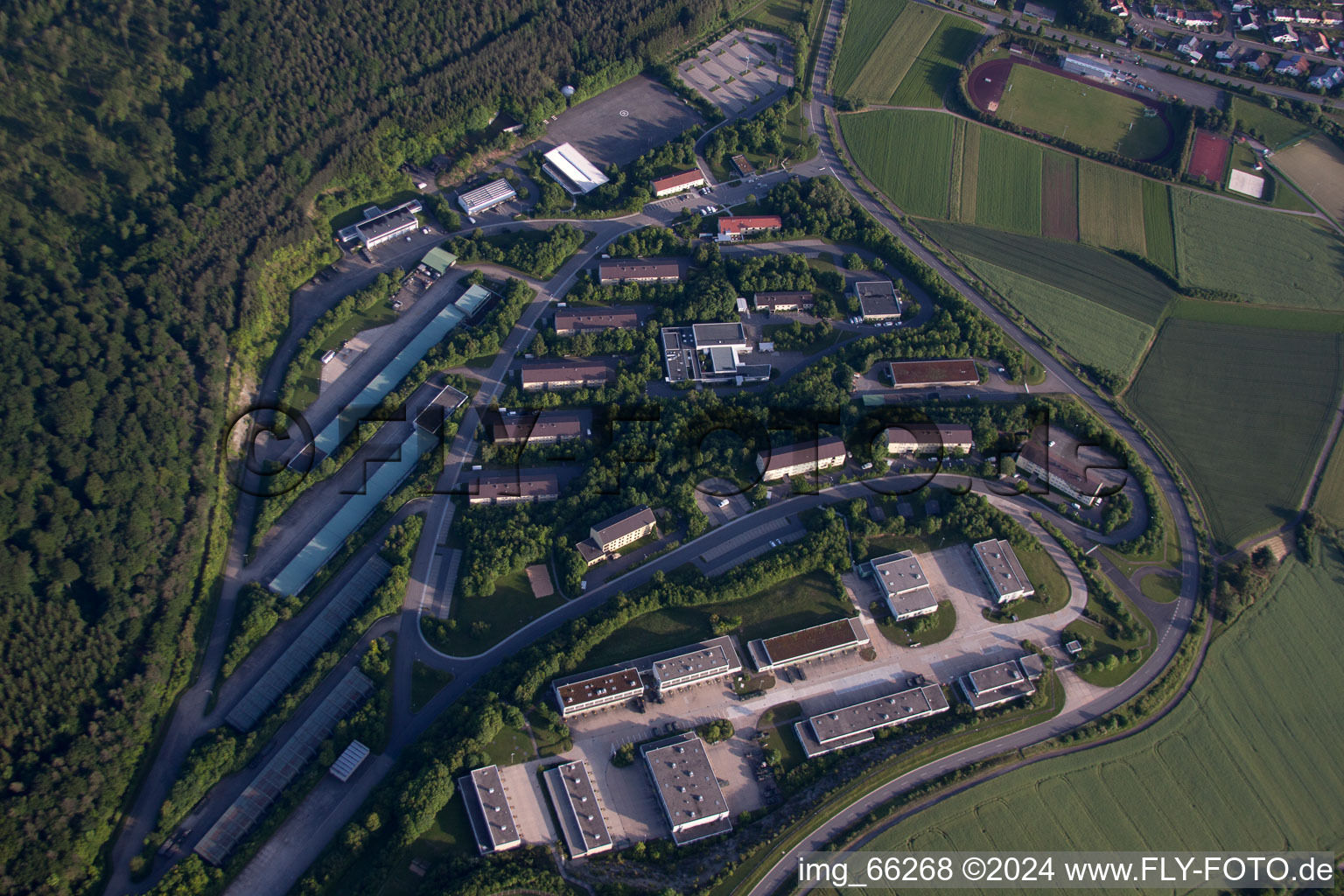 Building complex of the German army - Bundeswehr military barracks of Standortuebungsplatzes in Hardheim in the state Baden-Wurttemberg, Germany