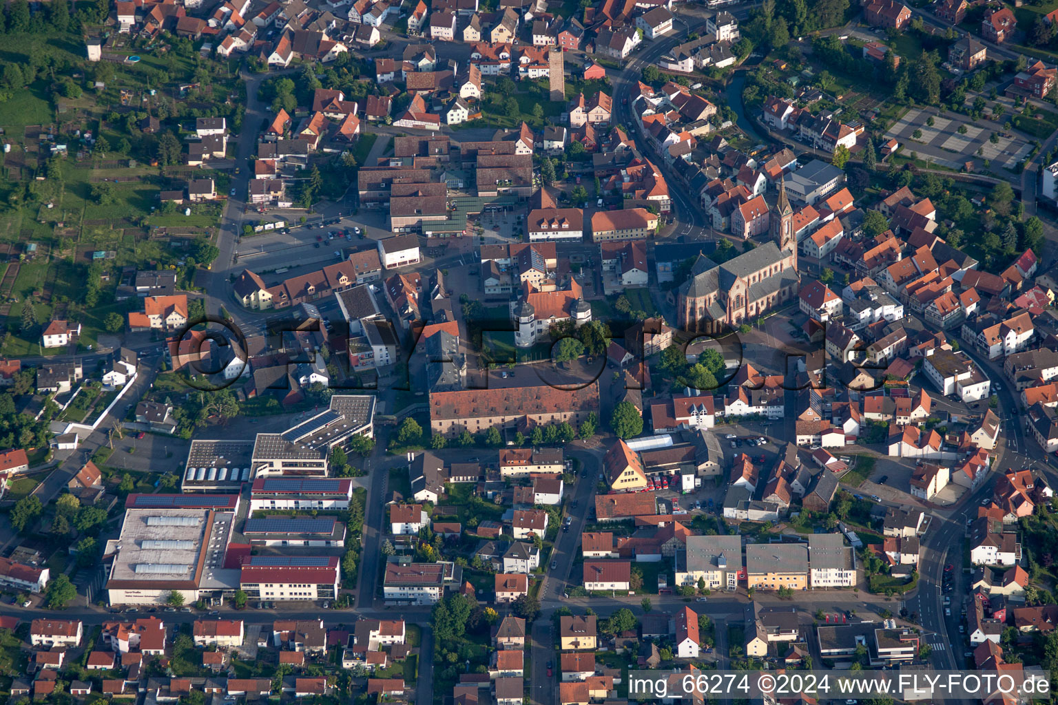 Aerial view of Town View of the streets and houses of the residential areas in Hardheim in the state Baden-Wurttemberg, Germany