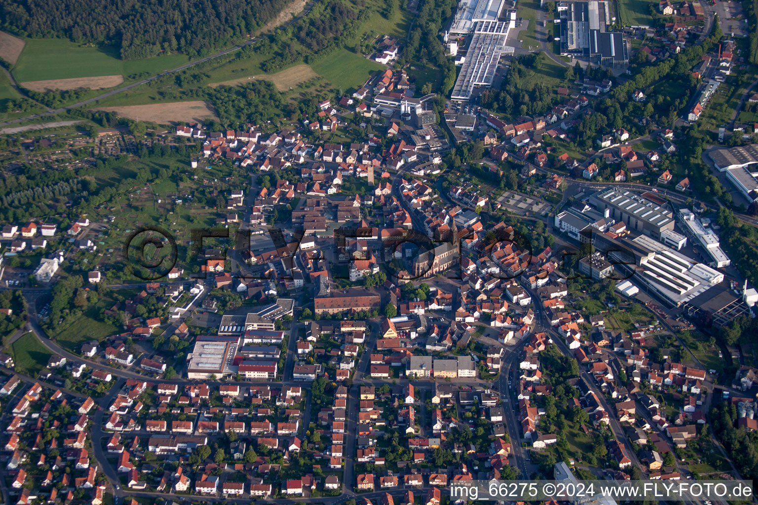 Aerial photograpy of Town View of the streets and houses of the residential areas in Hardheim in the state Baden-Wurttemberg, Germany