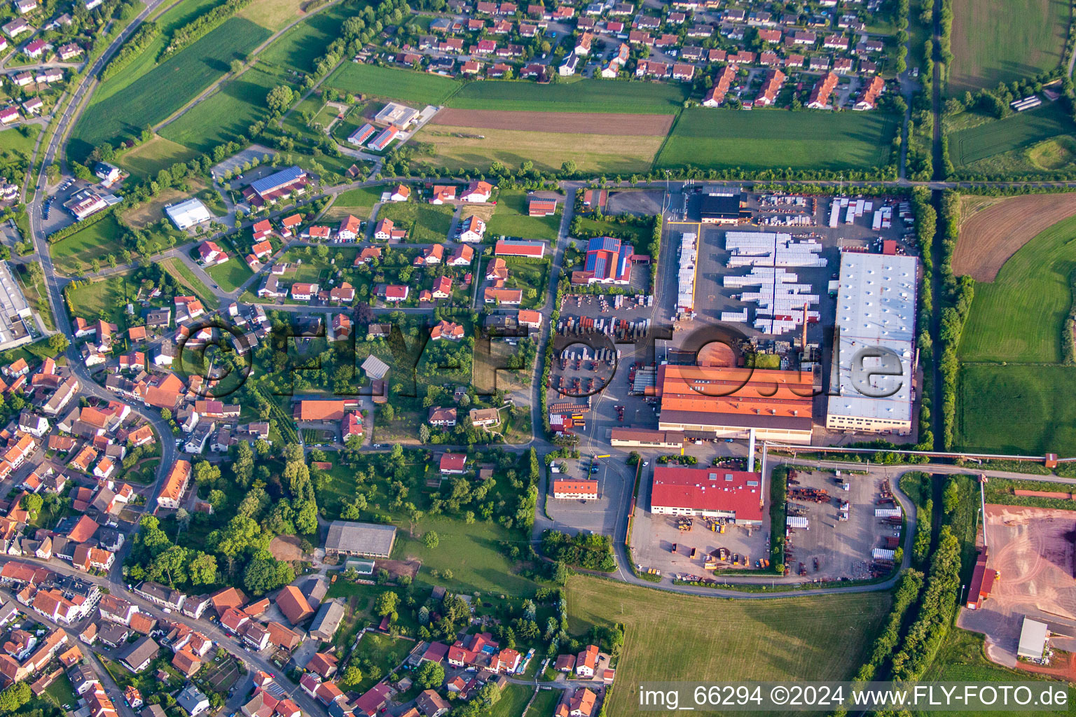 Aerial view of Brickworks Braas GmbH factory premises - sales region and warehouse Hainstadt in the district Hainstadt in Buchen in the state Baden-Wuerttemberg, Germany