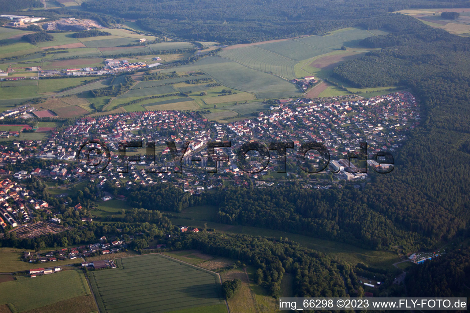 Aerial view of Town View of the streets and houses of the residential areas in Buchen in the state Baden-Wurttemberg, Germany