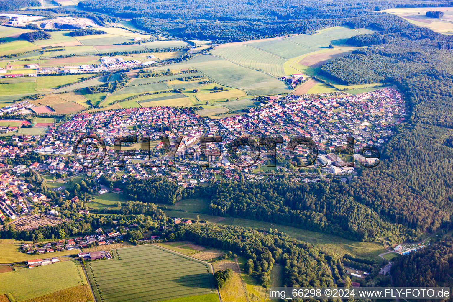 Aerial view of Town View of the streets and houses of the residential areas in Buchen in the state Baden-Wurttemberg, Germany