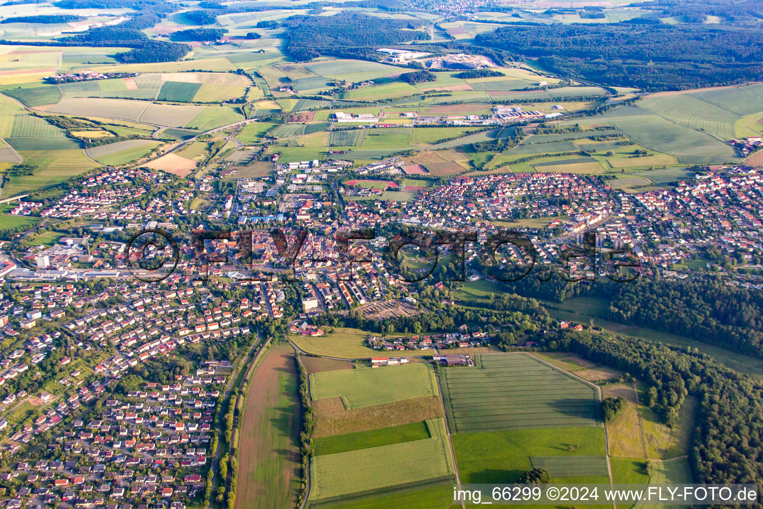 Oblique view of Town View of the streets and houses of the residential areas in Buchen in the state Baden-Wurttemberg, Germany