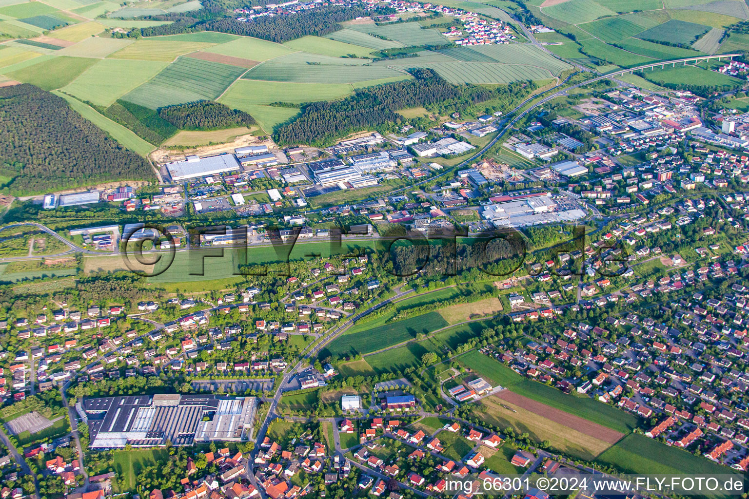 Aerial view of Industrial area on the B27 in the district Hainstadt in Buchen in the state Baden-Wuerttemberg, Germany