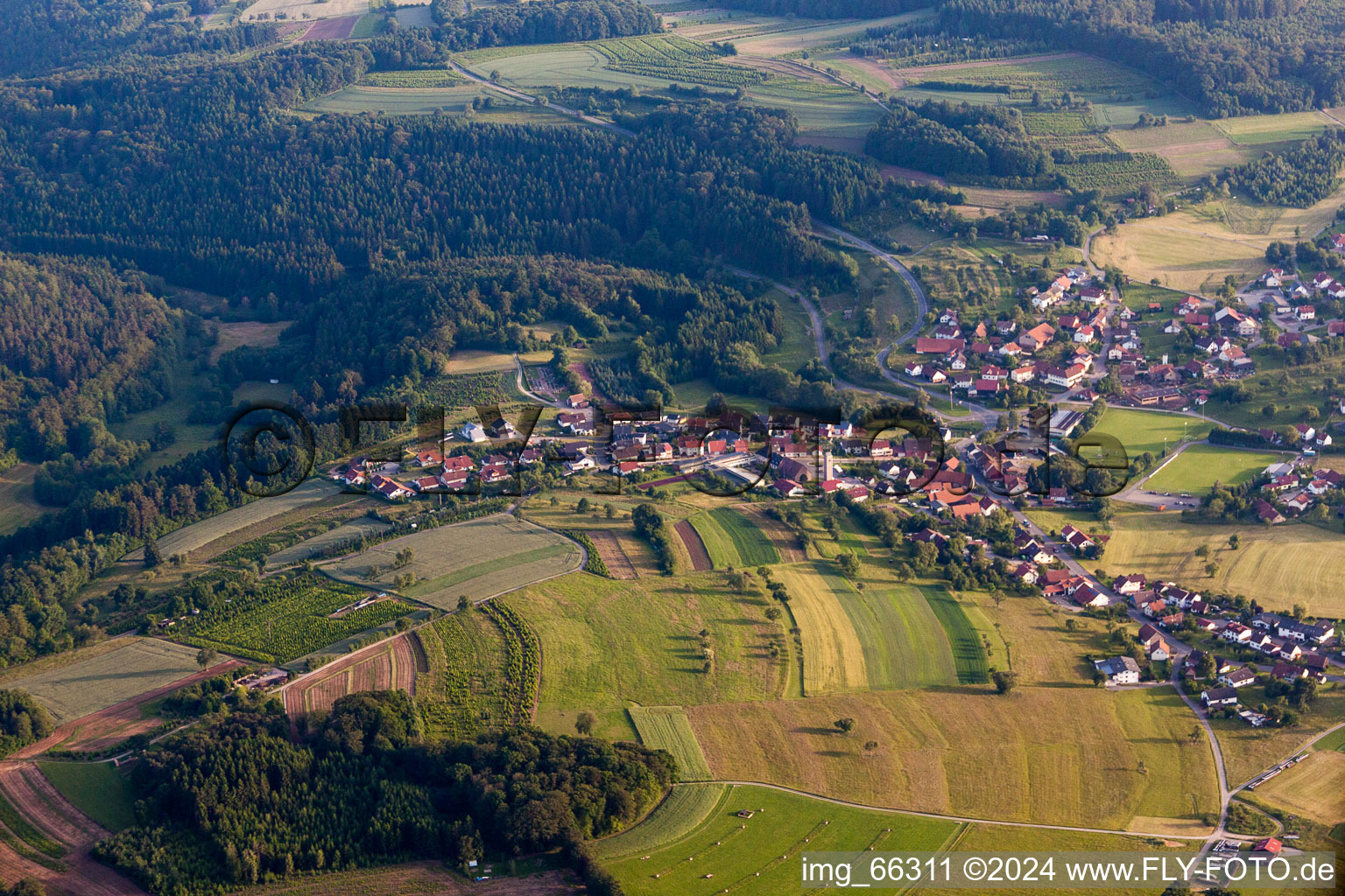 Village - view on the edge of agricultural fields and farmland in Limbach in the state Baden-Wurttemberg, Germany