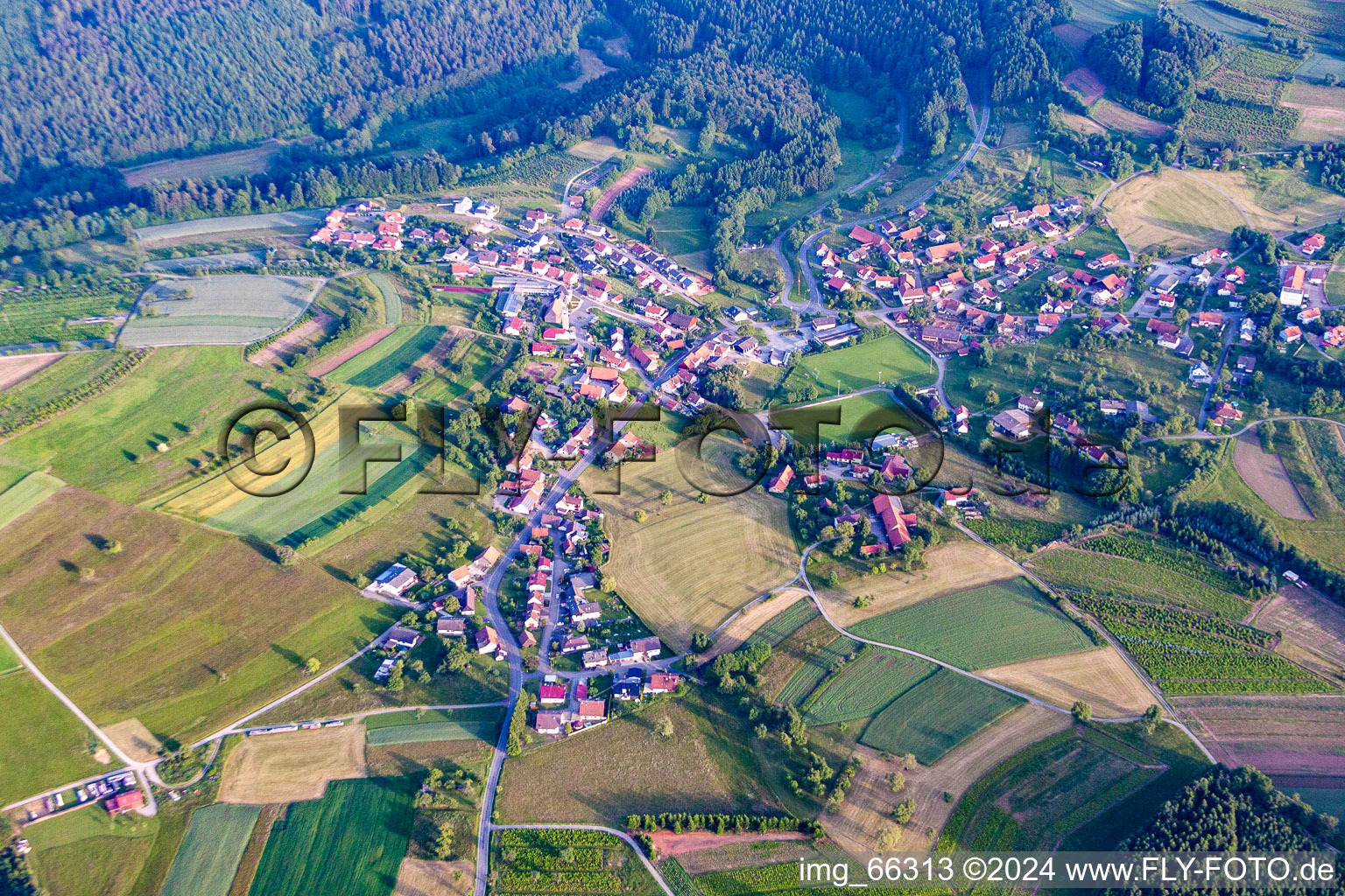 Village - view on the edge of agricultural fields and farmland in Limbach in the state Baden-Wurttemberg, Germany