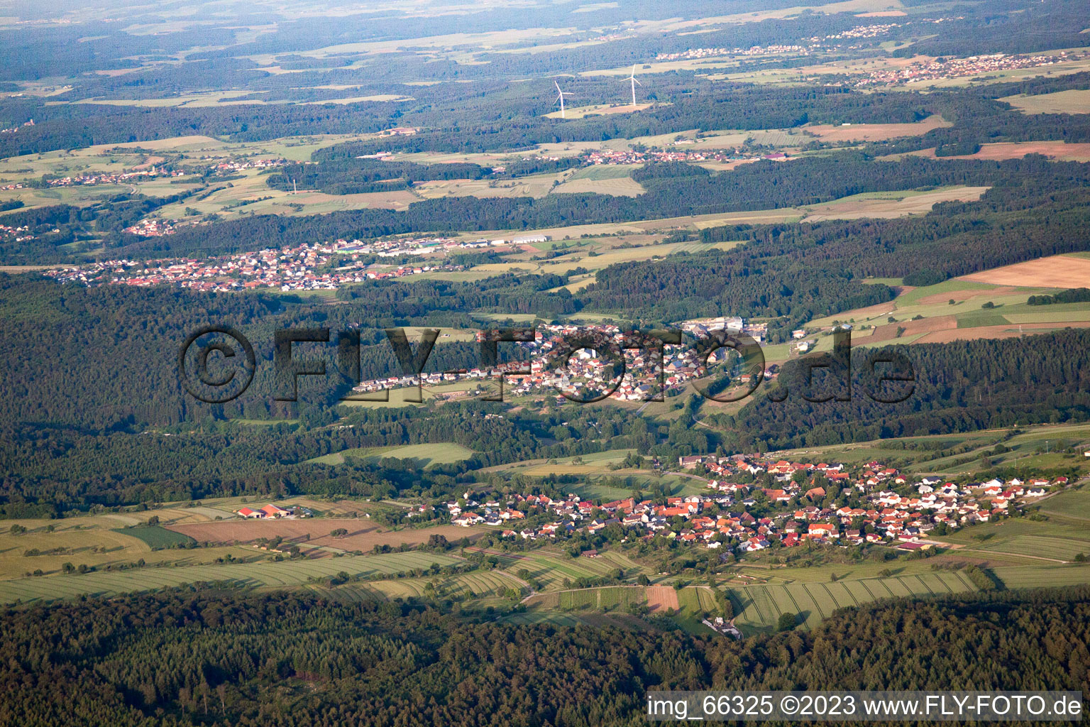 Aerial photograpy of Village - view on the edge of agricultural fields and farmland in the district Robern in Fahrenbach in the state Baden-Wurttemberg, Germany