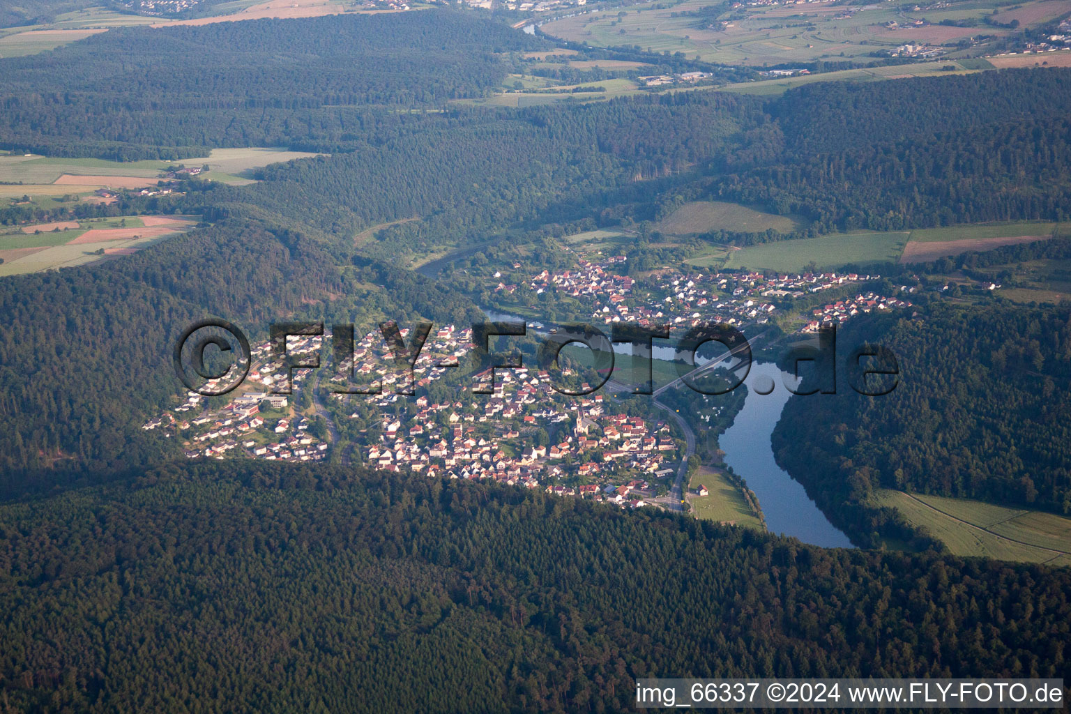 Neckargerach in the state Baden-Wuerttemberg, Germany seen from above