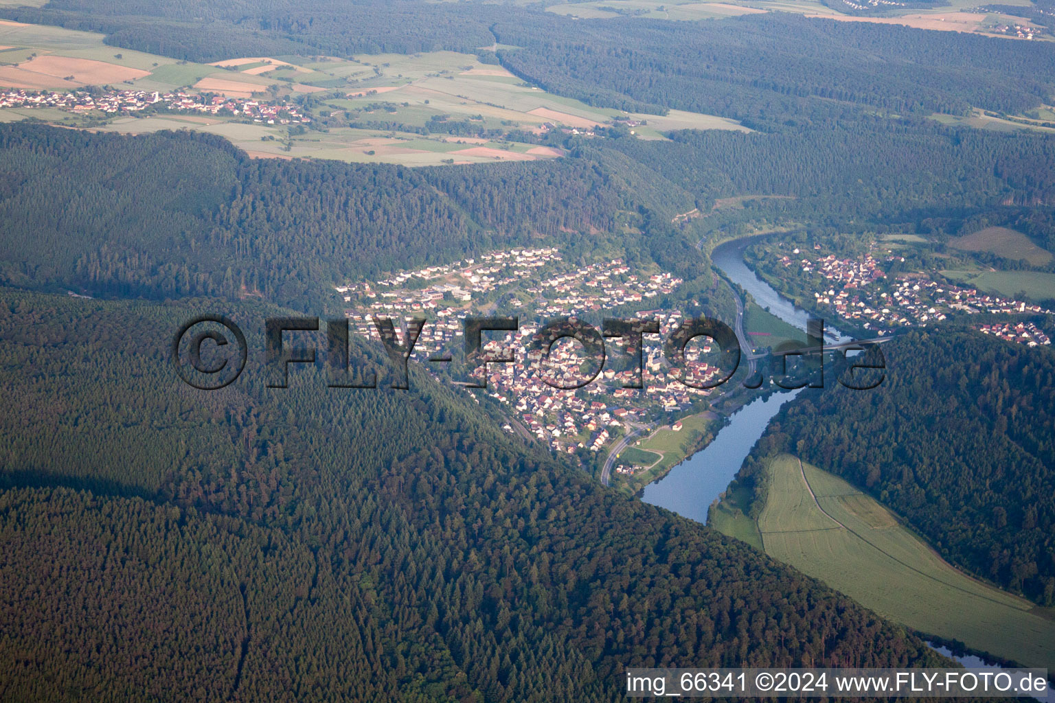 Drone recording of Neckargerach in the state Baden-Wuerttemberg, Germany