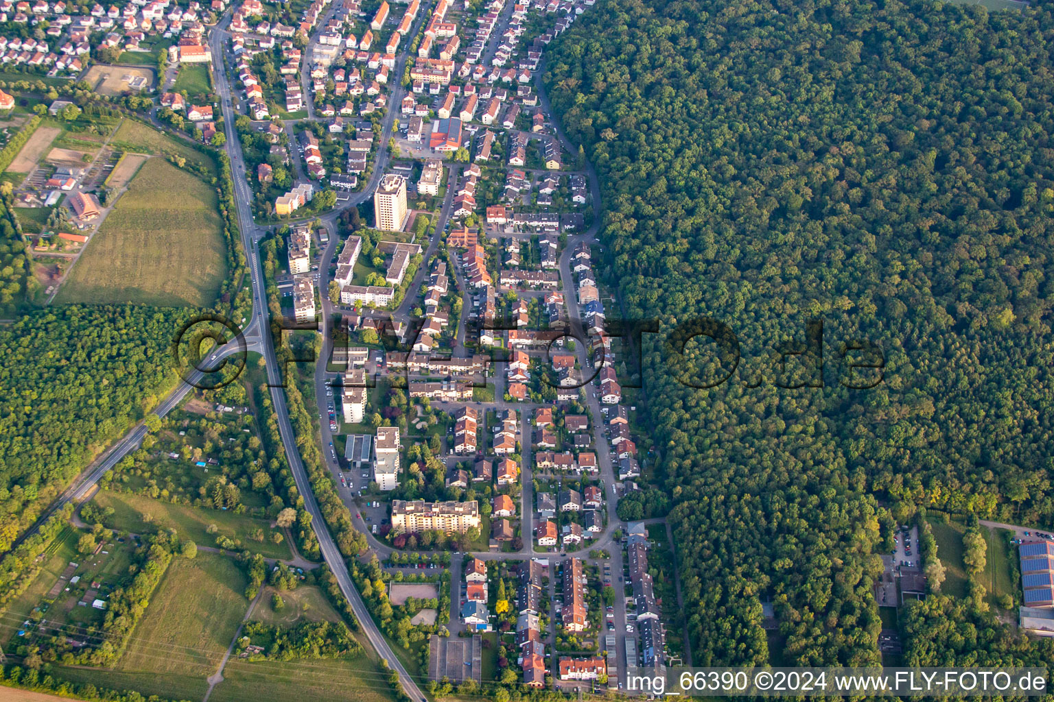 Aerial view of Heidelberger Straße from the north in Wiesloch in the state Baden-Wuerttemberg, Germany