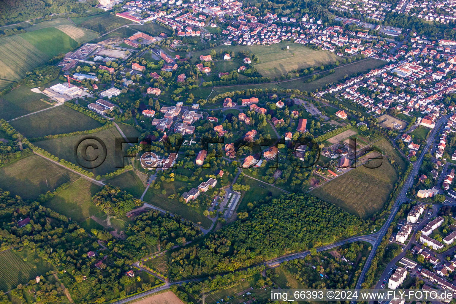 Bird's eye view of Hospital grounds of the Clinic Psychiatric Centre North-Baden in Wiesloch in the state Baden-Wurttemberg, Germany