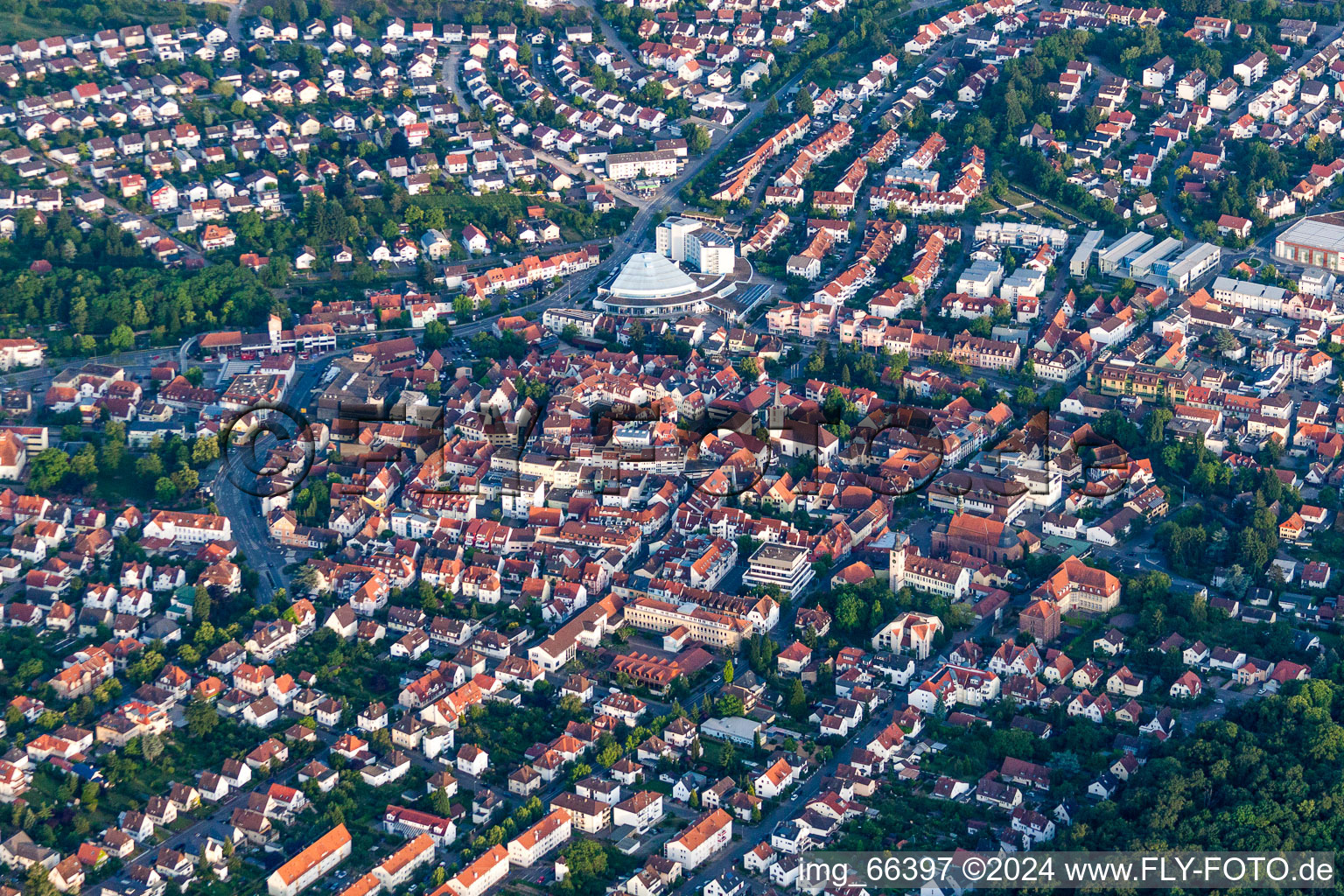 Aerial view of Town View of the streets and houses of the residential areas in Wiesloch in the state Baden-Wurttemberg, Germany