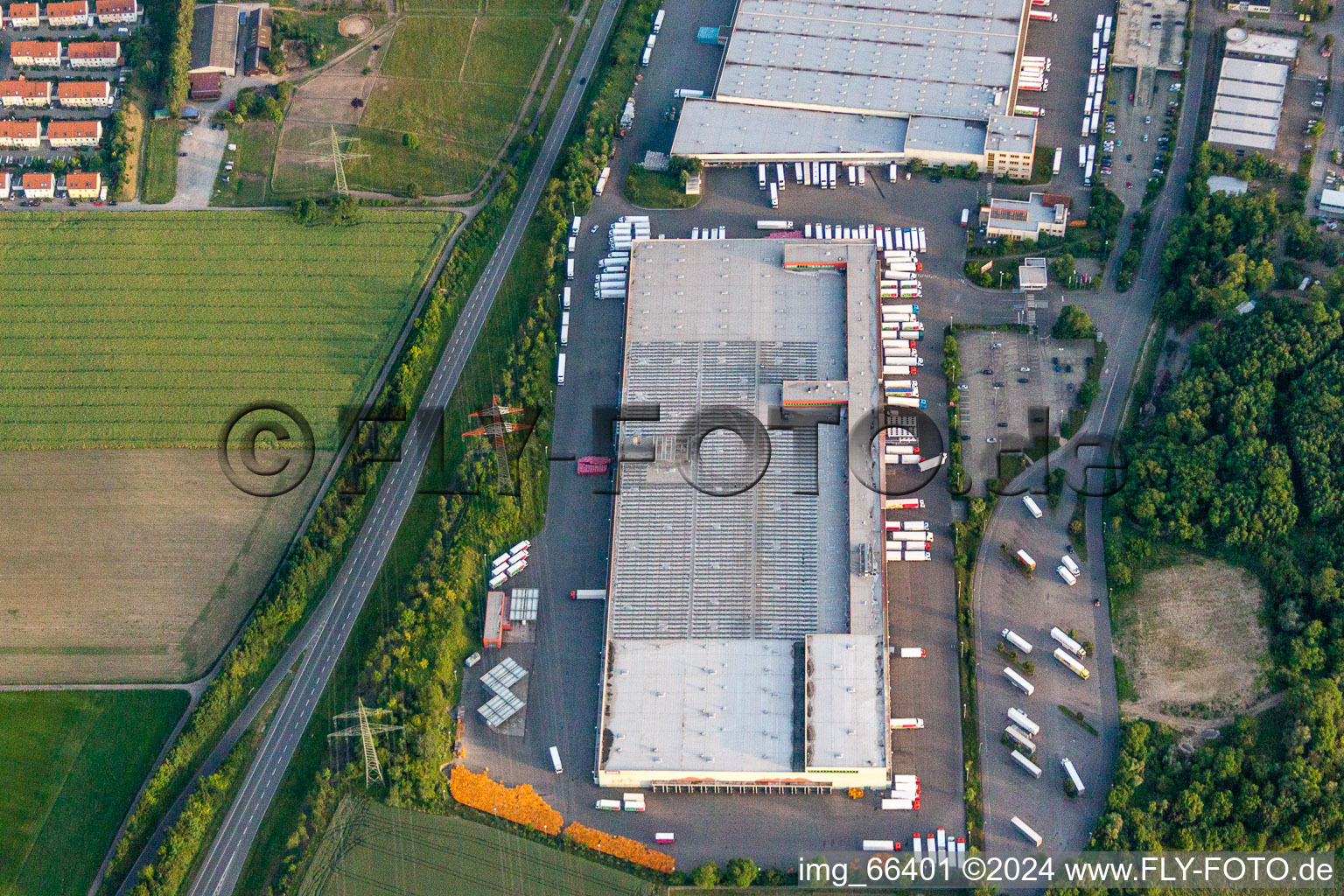 Aerial view of Building complex and grounds of the logistics center of Rewe Markt Gmbh Frische Zentrum in Wiesloch in the state Baden-Wurttemberg, Germany