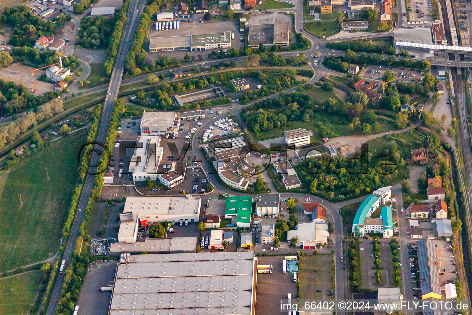 Aerial view of Industrial area In den Weinäckern in Wiesloch in the state Baden-Wuerttemberg, Germany