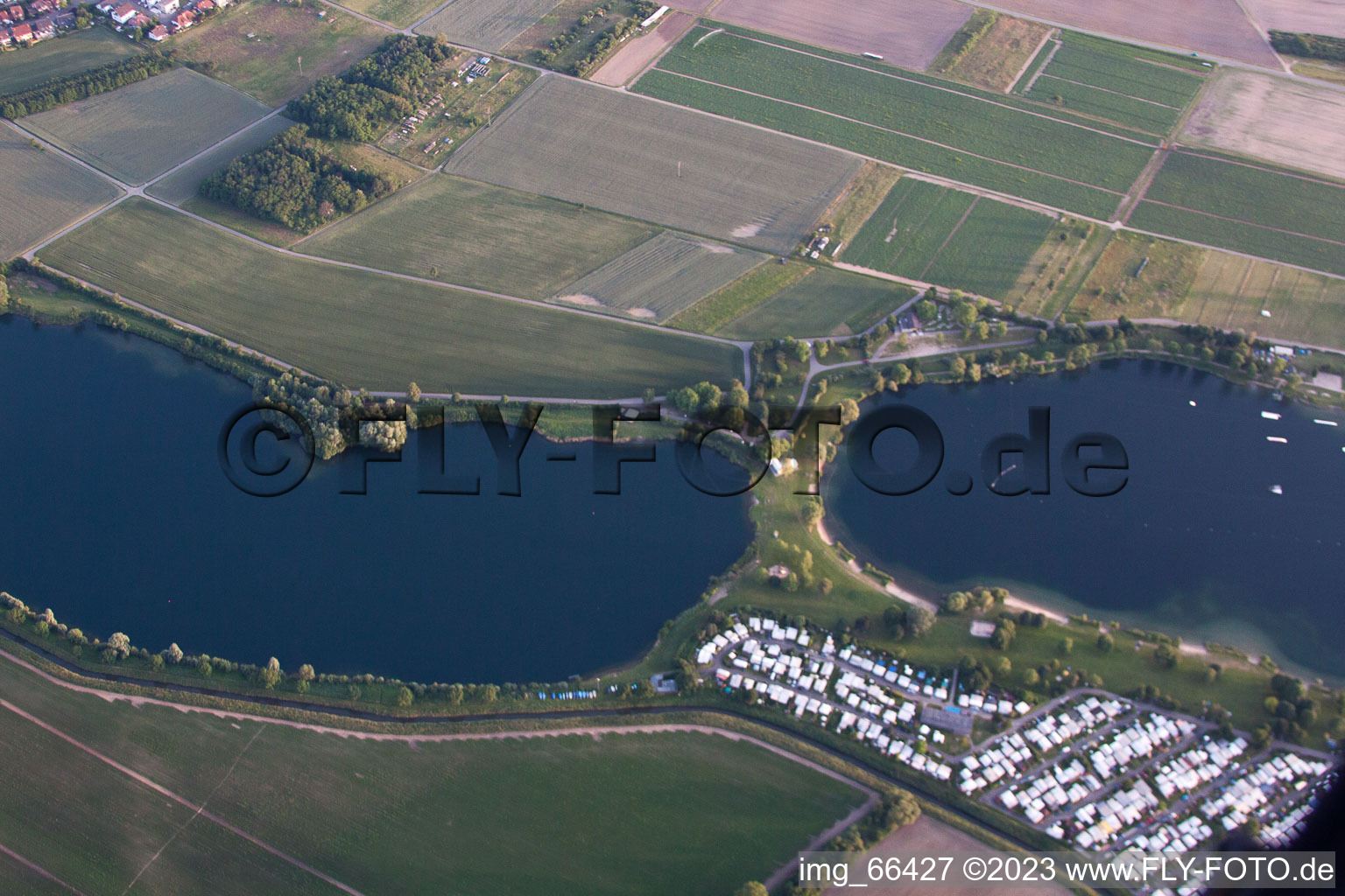 Bird's eye view of Leisure center of water skiing - racetrack in Sankt Leon-Rot in the state Baden-Wurttemberg, Germany