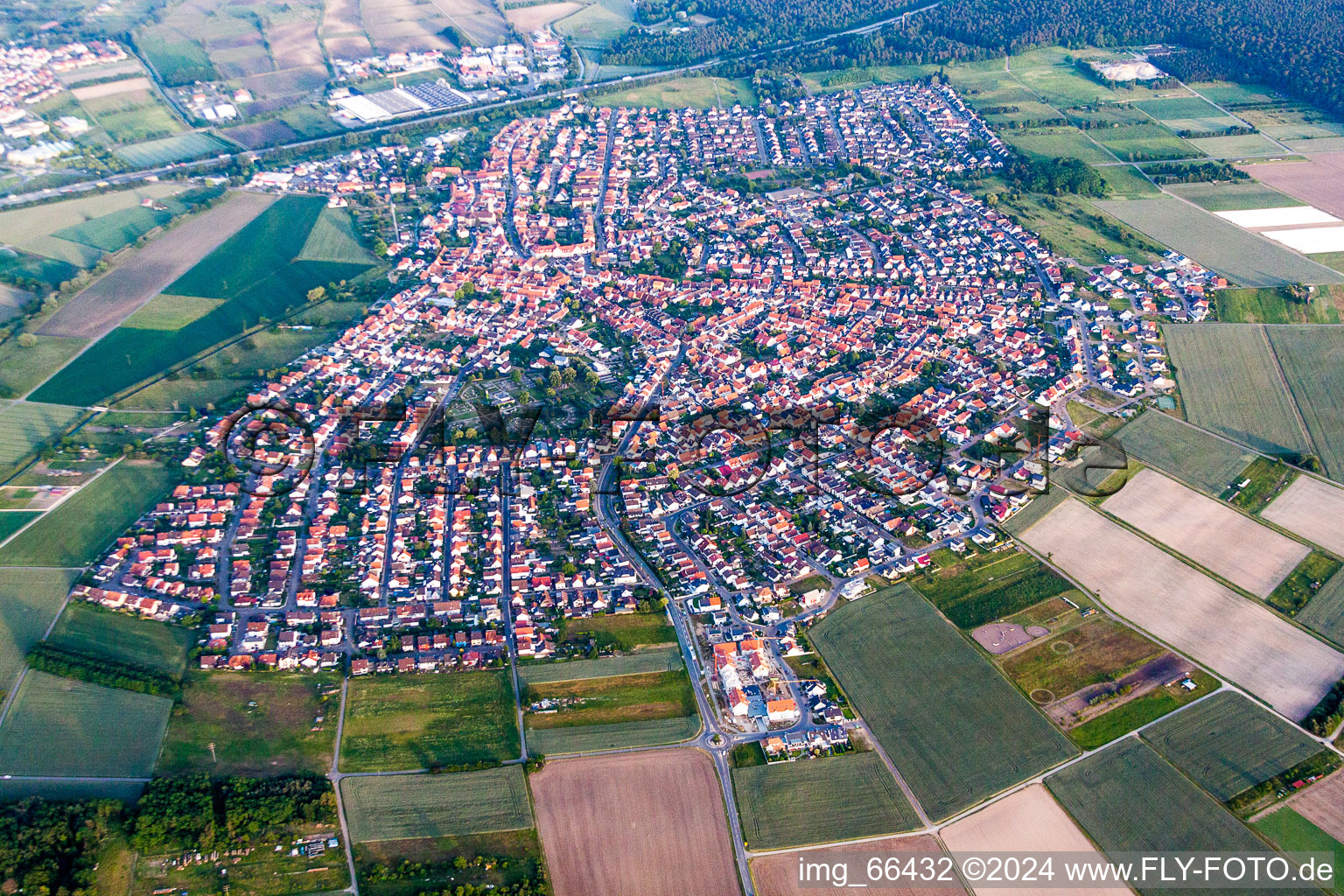 Oblique view of Town View of the streets and houses of the residential areas in Sankt Leon in the state Baden-Wurttemberg, Germany