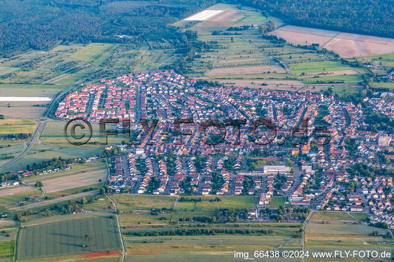 Aerial view of From the north in the district Kirrlach in Waghäusel in the state Baden-Wuerttemberg, Germany