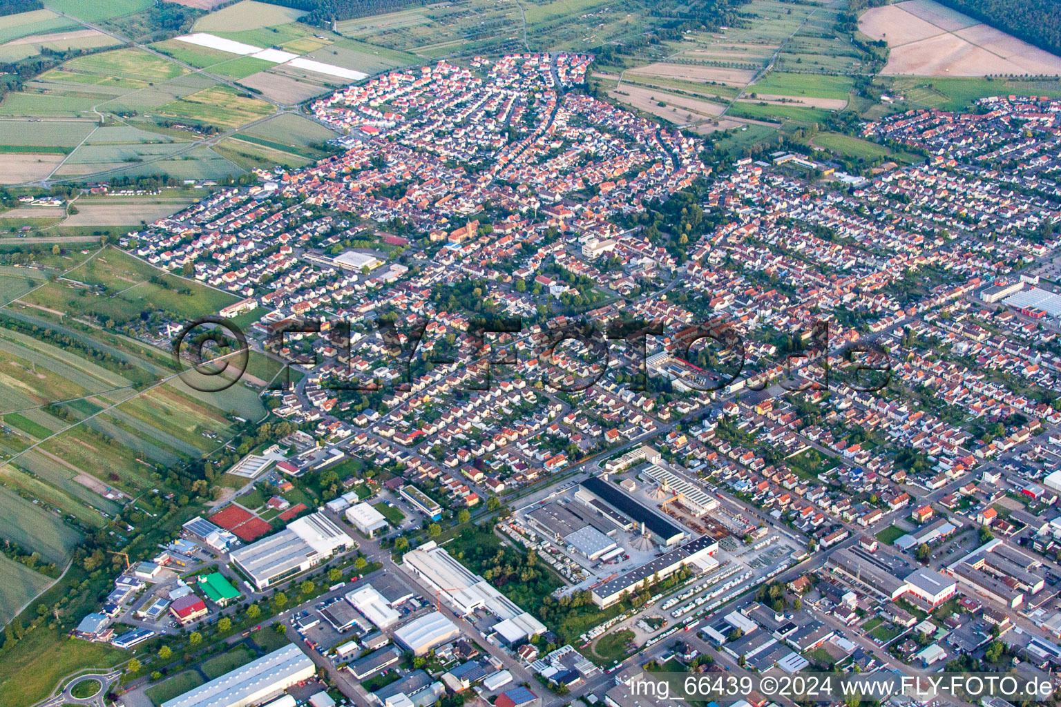 District Kirrlach in Waghäusel in the state Baden-Wuerttemberg, Germany from the plane