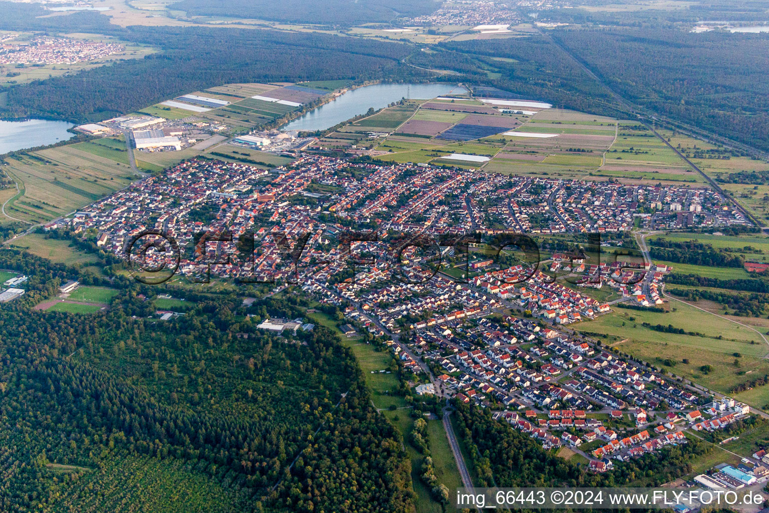 Aerial photograpy of Town View of the streets and houses of the residential areas in Wiesental in the state Baden-Wurttemberg, Germany