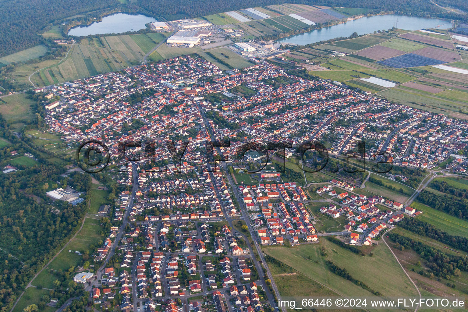 Oblique view of Town View of the streets and houses of the residential areas in Wiesental in the state Baden-Wurttemberg, Germany