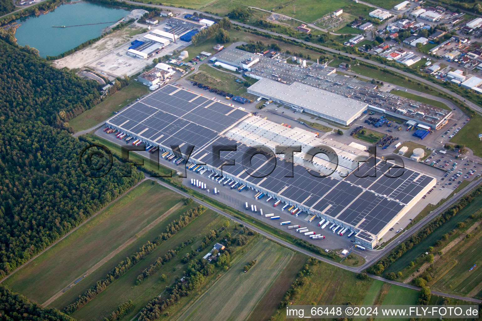 Aerial photograpy of Building and production halls on the premises of Goodyear Dunlop Tires Germany on Goodyearstrasse in Philippsburg in the state Baden-Wurttemberg, Germany. Involved is: Goodyear Dunlop Tires Germany GmbH