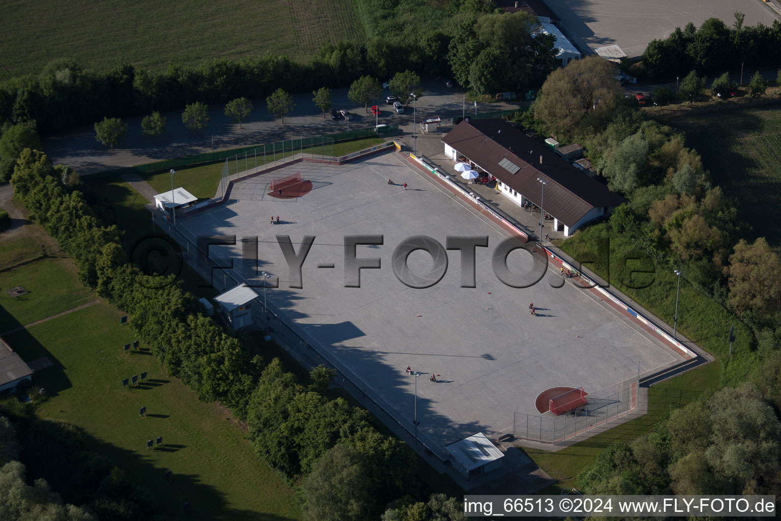 Aerial view of MSC Taifun, cycle ball field in the district Mörsch in Rheinstetten in the state Baden-Wuerttemberg, Germany