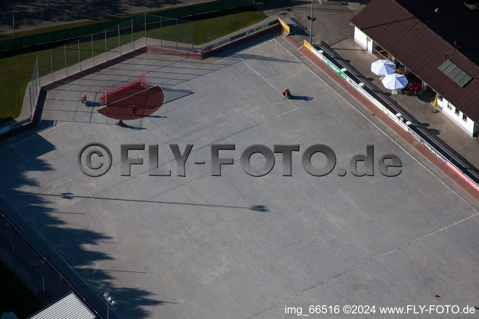 Oblique view of MSC Taifun, cycle ball field in the district Mörsch in Rheinstetten in the state Baden-Wuerttemberg, Germany