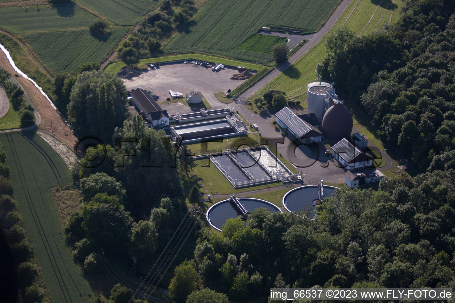 Aerial view of Durmersheim sewage treatment plant in Au am Rhein in the state Baden-Wuerttemberg, Germany