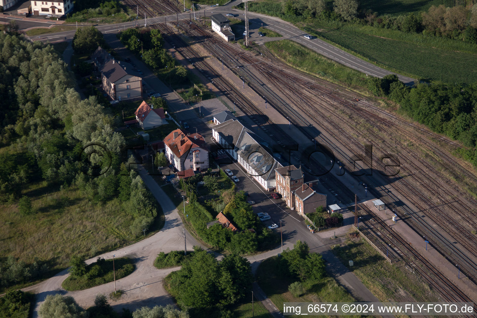 Aerial view of Railroad station in Lauterbourg in the state Bas-Rhin, France