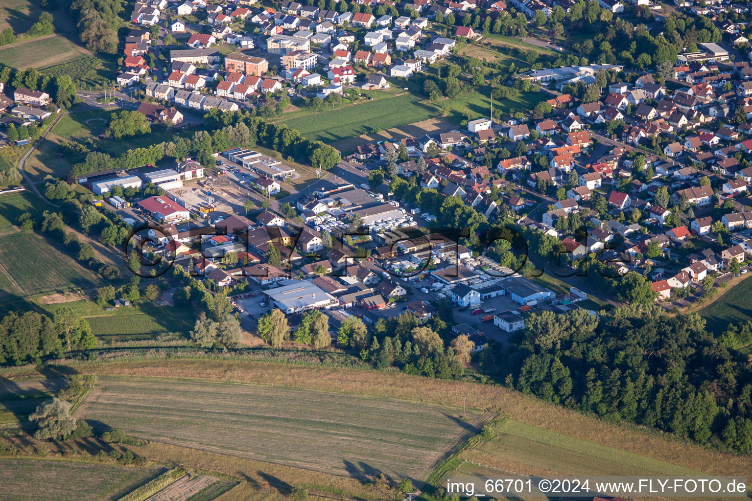 Aerial view of Commercial area Benzstr in the district Würmersheim in Durmersheim in the state Baden-Wuerttemberg, Germany