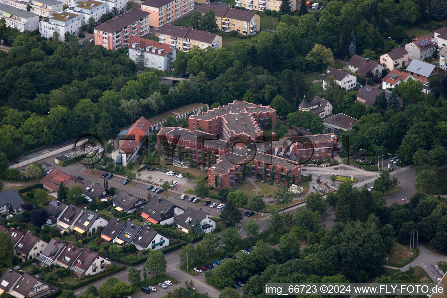 Oblique view of Caritas Senior Citizens Centre at Horbachpark in Ettlingen in the state Baden-Wuerttemberg, Germany