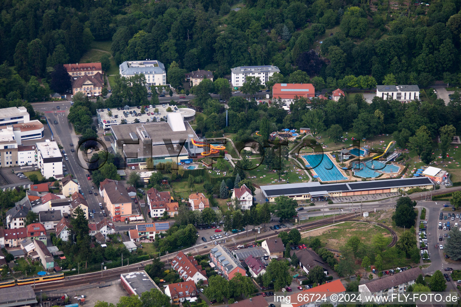 Albgaubad in Ettlingen in the state Baden-Wuerttemberg, Germany from above