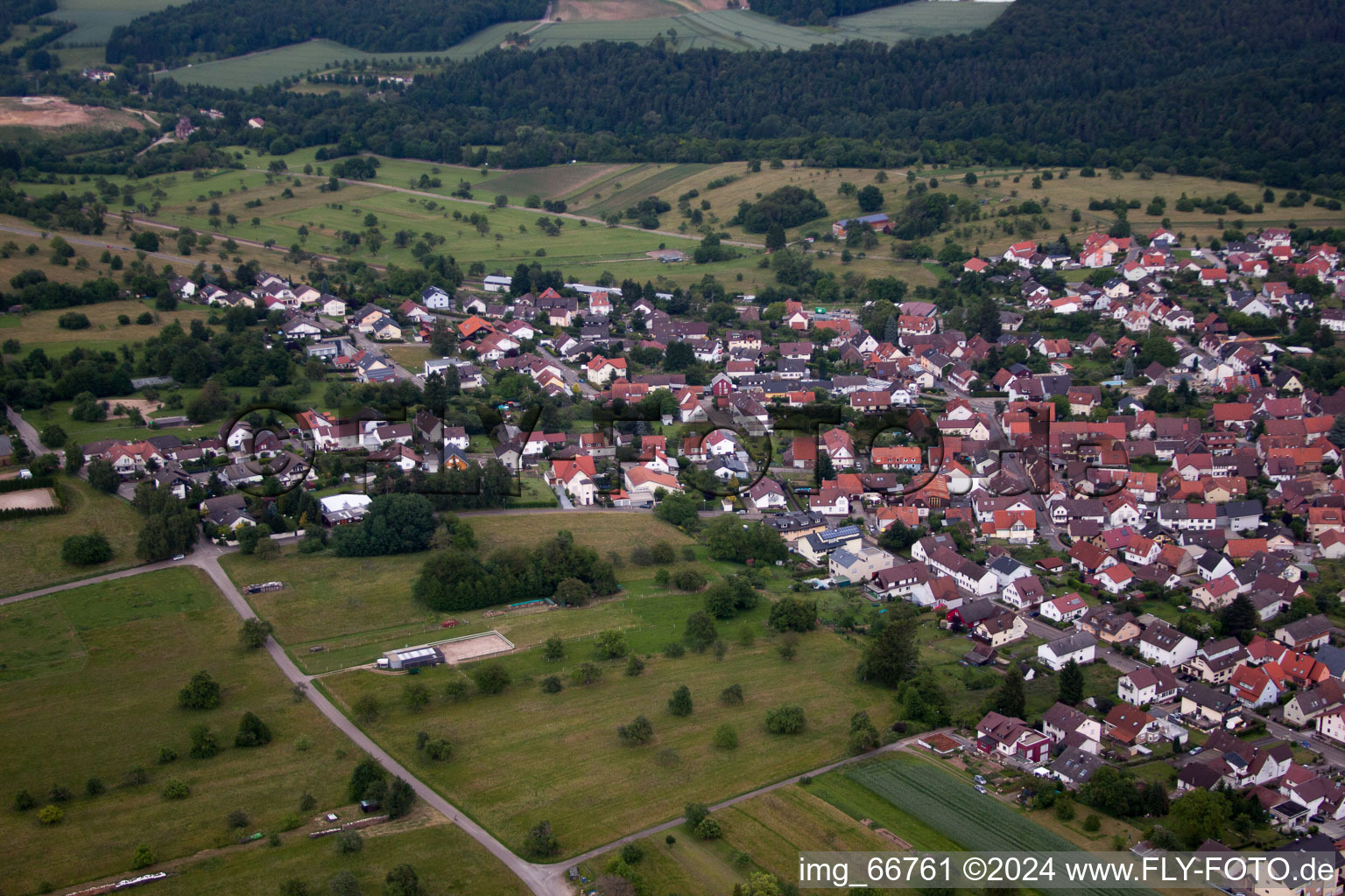 District Ittersbach in Karlsbad in the state Baden-Wuerttemberg, Germany seen from a drone