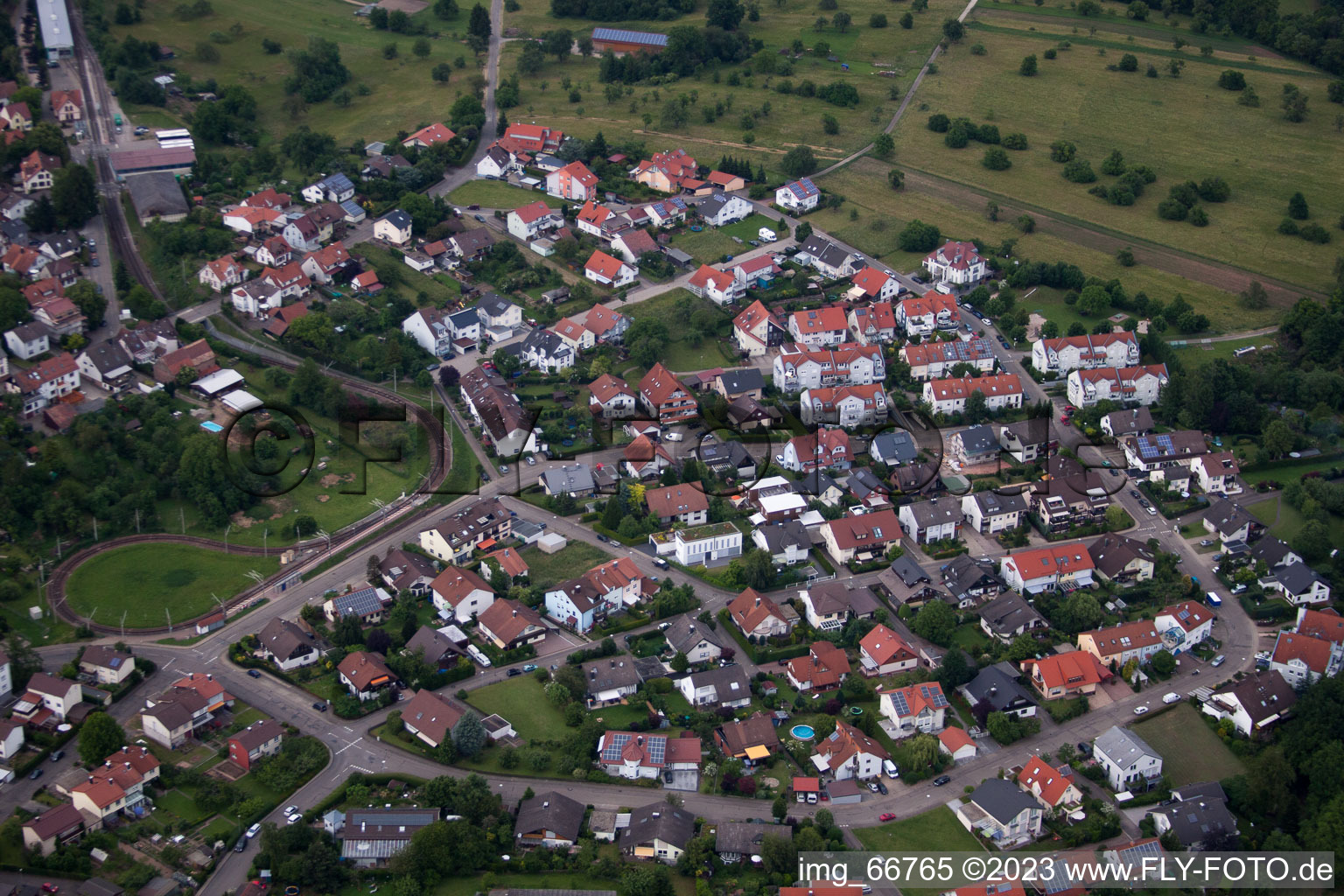 Aerial view of District Ittersbach in Karlsbad in the state Baden-Wuerttemberg, Germany