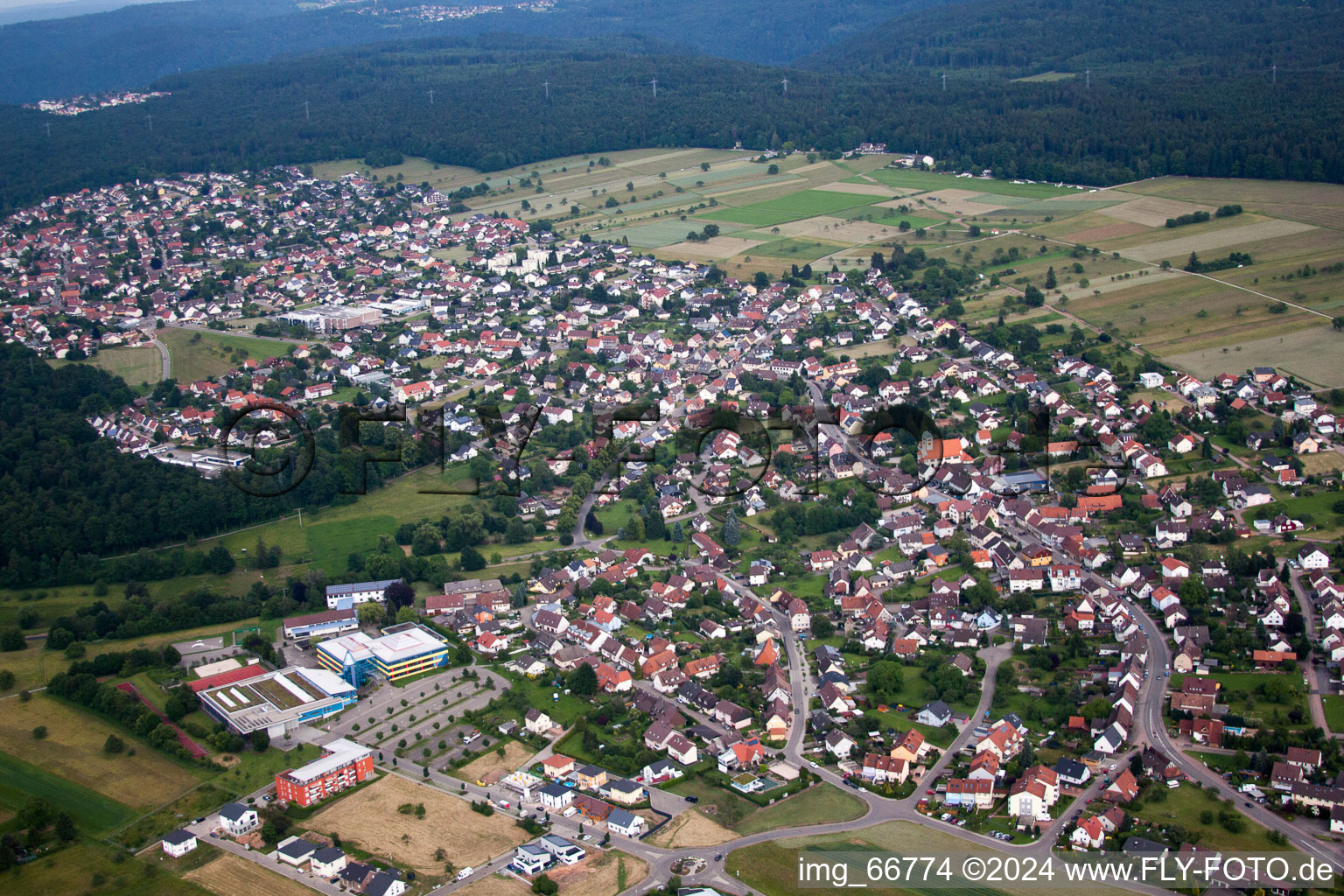 Aerial view of Town View of the streets and houses of the residential areas in Conweiler in the state Baden-Wurttemberg, Germany